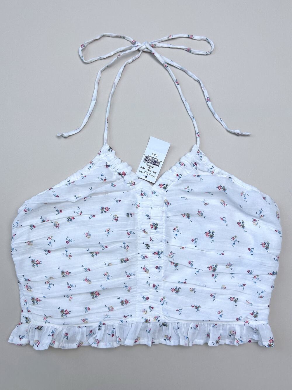 Aerie White Floral Cottagecore 100% Cotton Ruffle Smocked Cropped Halter Top NWT